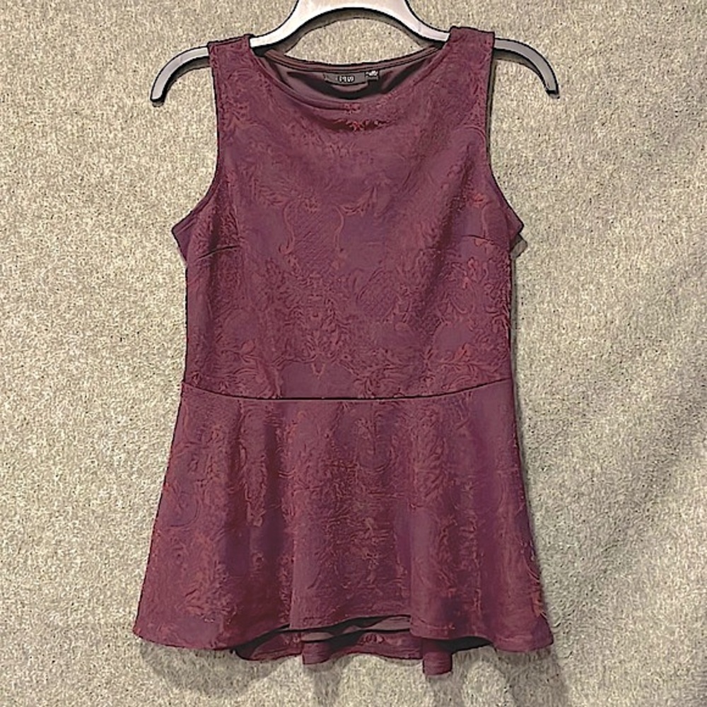 Dark plum peplum damask tank blouse, women size XS